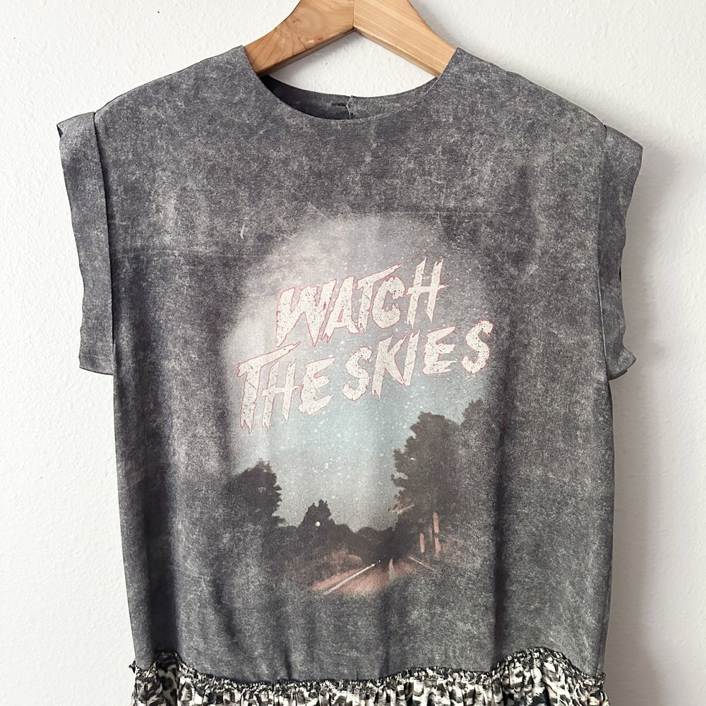 ALLSAINTS Watch the Skies Gray Silk Mini Dress Leopard Hem Women's US Size 6 - Picture 2 of 12